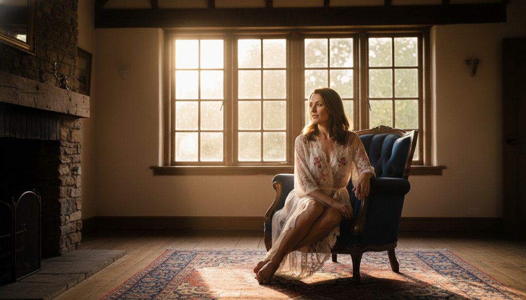 A stunning, soft-focus portrait from a Marong Victoria empowering boudoir photography session, featuring a woman draped in silk by a sunlit window, capturing a moment of profound self-assurance and grace with a cinematic, golden hour glow.