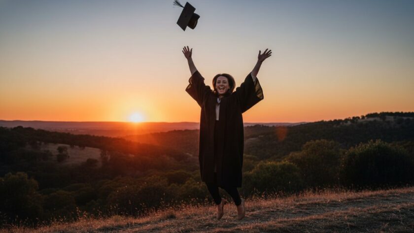An epic moment of a Marong Victoria Graduation Portraits capturing success: a joyous graduate in academic regalia, cap thrown high against a dramatic Marong sunset, celebrating achievement with friends.