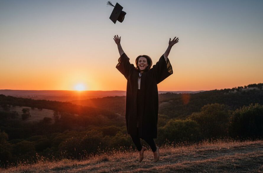 An epic moment of a Marong Victoria Graduation Portraits capturing success: a joyous graduate in academic regalia, cap thrown high against a dramatic Marong sunset, celebrating achievement with friends.