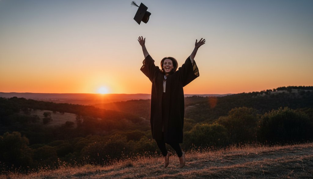 An epic moment of a Marong Victoria Graduation Portraits capturing success: a joyous graduate in academic regalia, cap thrown high against a dramatic Marong sunset, celebrating achievement with friends.