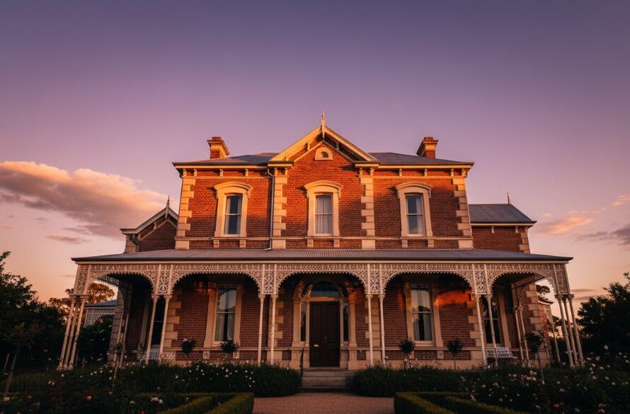 Dramatic wide-angle photograph capturing the golden hour light illuminating a prominent 19th-century Marong Victoria heritage architecture photography, showcasing intricate details and long shadows against a dramatic sky.
