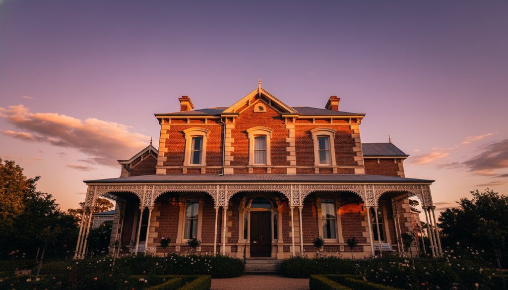 Dramatic wide-angle photograph capturing the golden hour light illuminating a prominent 19th-century Marong Victoria heritage architecture photography, showcasing intricate details and long shadows against a dramatic sky.