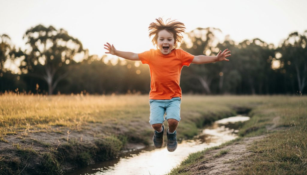 A vibrant, low-angle Marong Victoria kids photography joyful outdoor portraits moment, capturing a child with an explosion of pure joy, mid-run through a sun-drenched field near Marong, golden hour light, professional cinematic feel.