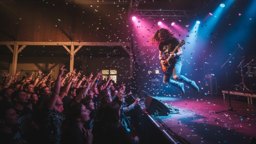 An epic, dramatic wide shot of a band performing on a brightly lit stage at a local Marong venue, capturing the intense Marong Victoria Live Music Vibe Photography moment with a guitarist mid-solo and the crowd silhouetted, bathed in vibrant stage lights.
