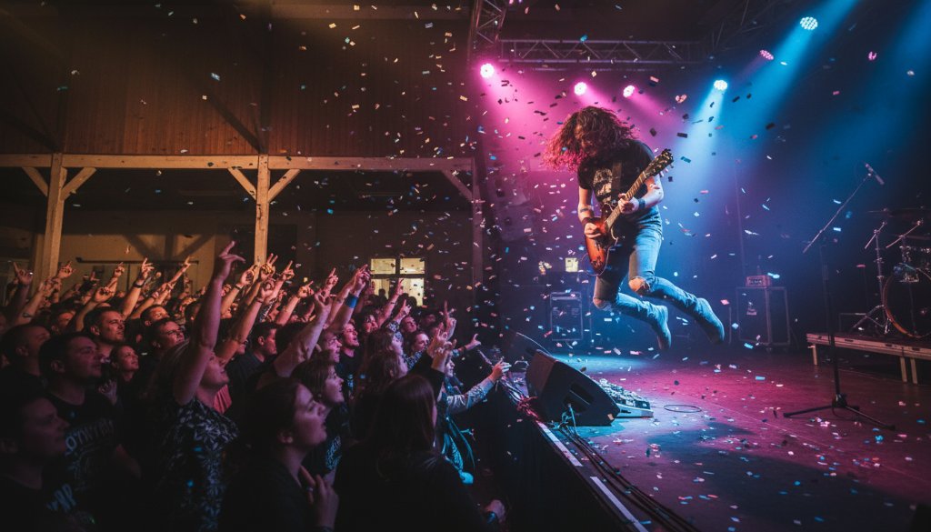 An epic, dramatic wide shot of a band performing on a brightly lit stage at a local Marong venue, capturing the intense Marong Victoria Live Music Vibe Photography moment with a guitarist mid-solo and the crowd silhouetted, bathed in vibrant stage lights.