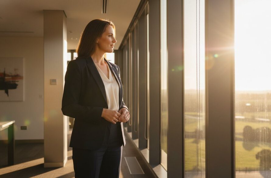 Dynamic wide shot of a successful business professional giving a presentation in a modern, light-filled Marong office, capturing the essence of Marong Victoria professional corporate branding photography with a focus on leadership and innovation.