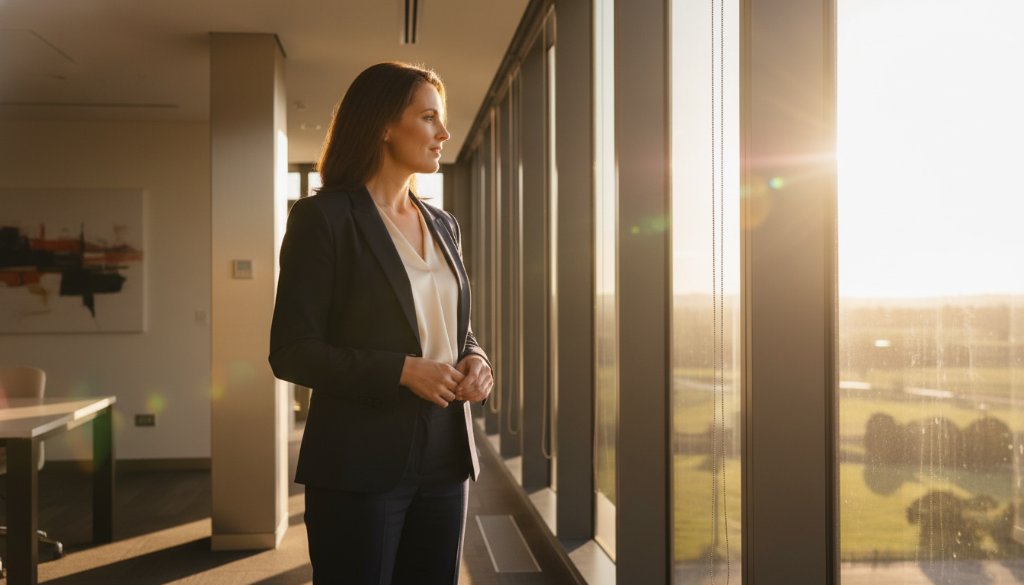 Dynamic wide shot of a successful business professional giving a presentation in a modern, light-filled Marong office, capturing the essence of Marong Victoria professional corporate branding photography with a focus on leadership and innovation.