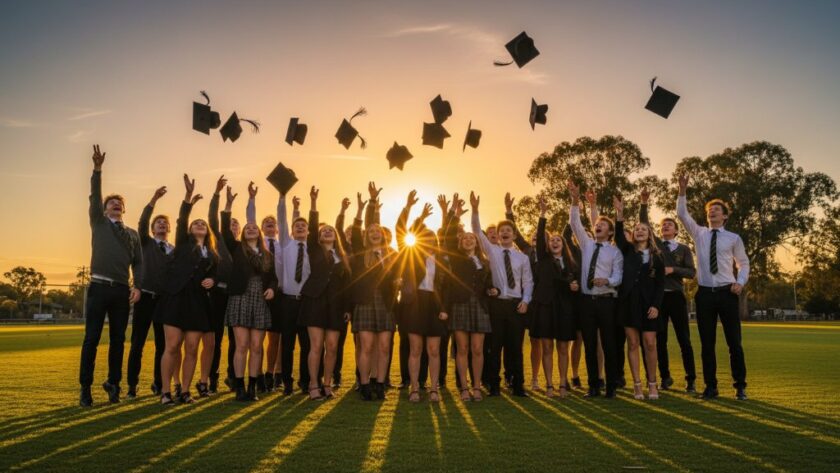 An ecstatic group of high school graduates in Marong, Victoria, tossing their caps into the air at sunset, celebrating their Marong Victoria school graduation photography moment with dramatic golden hour lighting and bokeh.