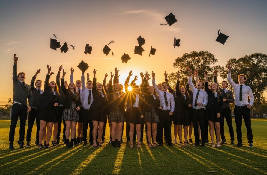 An ecstatic group of high school graduates in Marong, Victoria, tossing their caps into the air at sunset, celebrating their Marong Victoria school graduation photography moment with dramatic golden hour lighting and bokeh.
