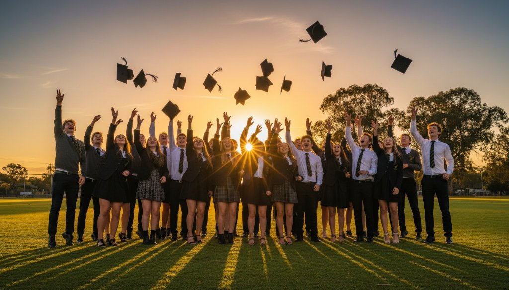 An ecstatic group of high school graduates in Marong, Victoria, tossing their caps into the air at sunset, celebrating their Marong Victoria school graduation photography moment with dramatic golden hour lighting and bokeh.
