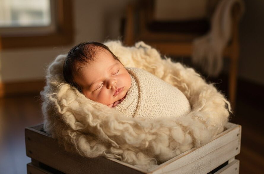 An epic moment photograph of a peaceful newborn baby, wrapped in a soft, cream swaddle, gently cradled in parents' hands, with the warm, soft sunlight streaming through a window in a rustic Marong home, highlighting the delicate features of the baby. The image, representing Marong Victoria's tender newborn photography specialists, is professionally color-graded with a dreamy, warm aesthetic.
