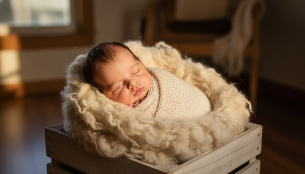 An epic moment photograph of a peaceful newborn baby, wrapped in a soft, cream swaddle, gently cradled in parents' hands, with the warm, soft sunlight streaming through a window in a rustic Marong home, highlighting the delicate features of the baby. The image, representing Marong Victoria's tender newborn photography specialists, is professionally color-graded with a dreamy, warm aesthetic.