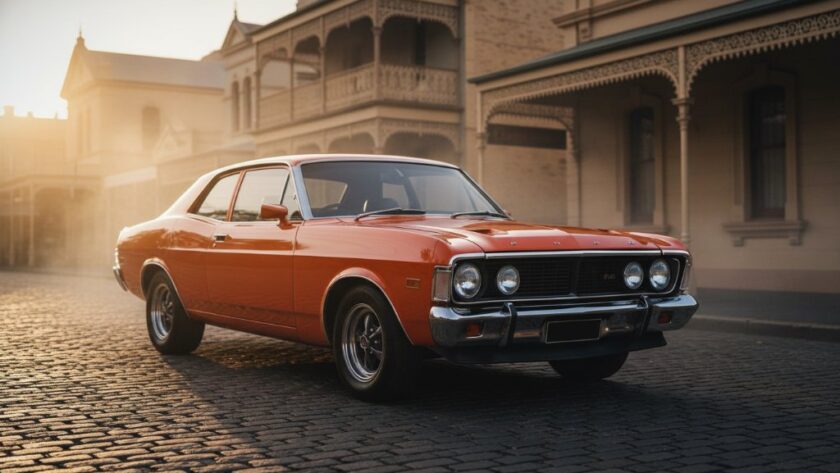 Dramatic sunset shot of a perfectly restored 1970s Australian muscle car, a vibrant orange Ford XY Falcon GT, gleaming on a historic street in Maryborough, showcasing expert Maryborough classic car photography Victoria.