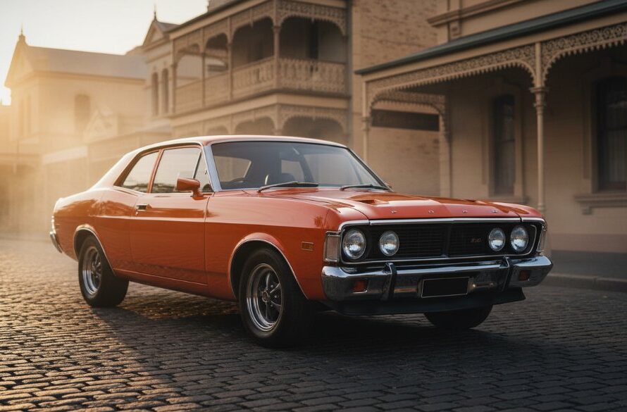 Dramatic sunset shot of a perfectly restored 1970s Australian muscle car, a vibrant orange Ford XY Falcon GT, gleaming on a historic street in Maryborough, showcasing expert Maryborough classic car photography Victoria.