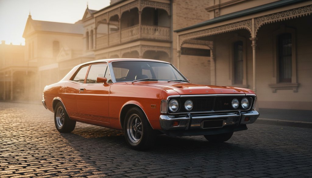 Dramatic sunset shot of a perfectly restored 1970s Australian muscle car, a vibrant orange Ford XY Falcon GT, gleaming on a historic street in Maryborough, showcasing expert Maryborough classic car photography Victoria.