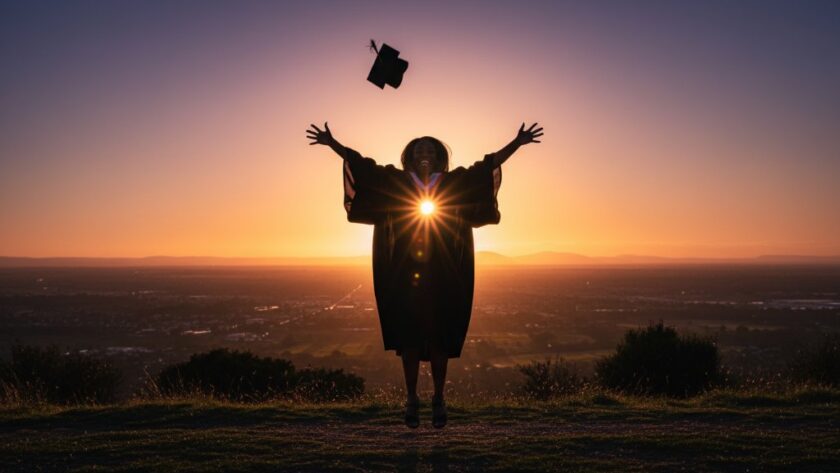 A jubilant graduate in academic regalia, cap thrown high, silhouetted against a golden Maryborough sunset, celebrating Maryborough graduation photography lasting memories with a burst of joy and accomplishment.