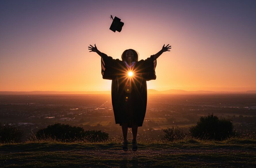 A jubilant graduate in academic regalia, cap thrown high, silhouetted against a golden Maryborough sunset, celebrating Maryborough graduation photography lasting memories with a burst of joy and accomplishment.