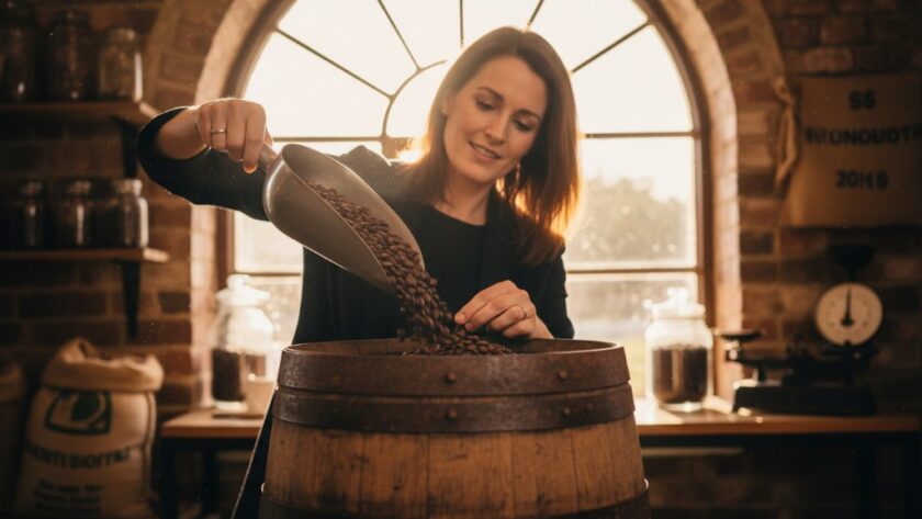 Dramatic wide shot of a local artisanal bakery owner proudly presenting a freshly baked sourdough loaf, illuminated by warm morning light streaming through a historic Maryborough Victoria shop window, embodying bespoke Maryborough Victoria advertising photography elevating local brands.