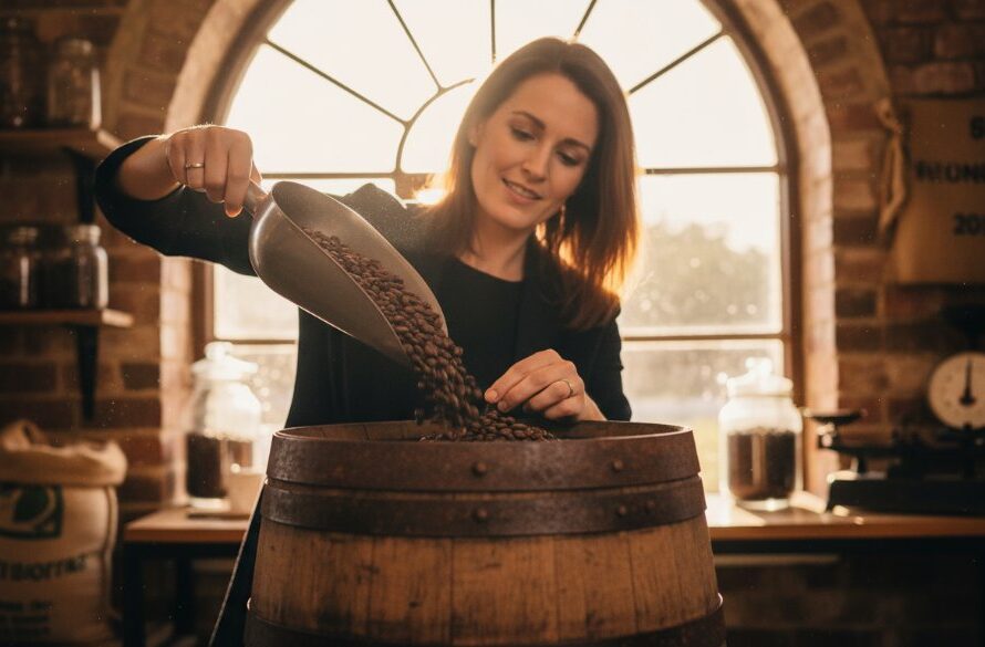 Dramatic wide shot of a local artisanal bakery owner proudly presenting a freshly baked sourdough loaf, illuminated by warm morning light streaming through a historic Maryborough Victoria shop window, embodying bespoke Maryborough Victoria advertising photography elevating local brands.