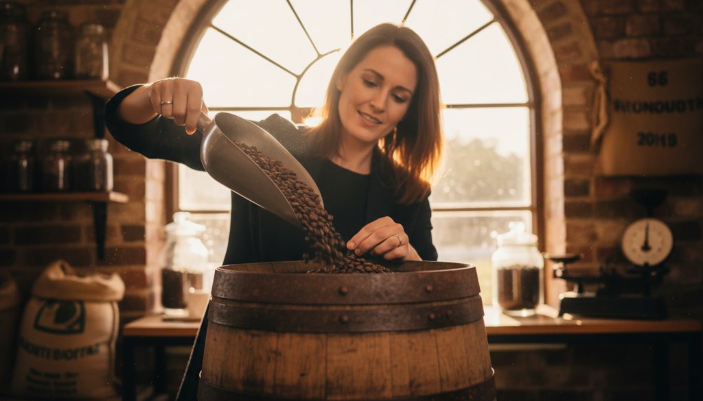 Dramatic wide shot of a local artisanal bakery owner proudly presenting a freshly baked sourdough loaf, illuminated by warm morning light streaming through a historic Maryborough Victoria shop window, embodying bespoke Maryborough Victoria advertising photography elevating local brands.