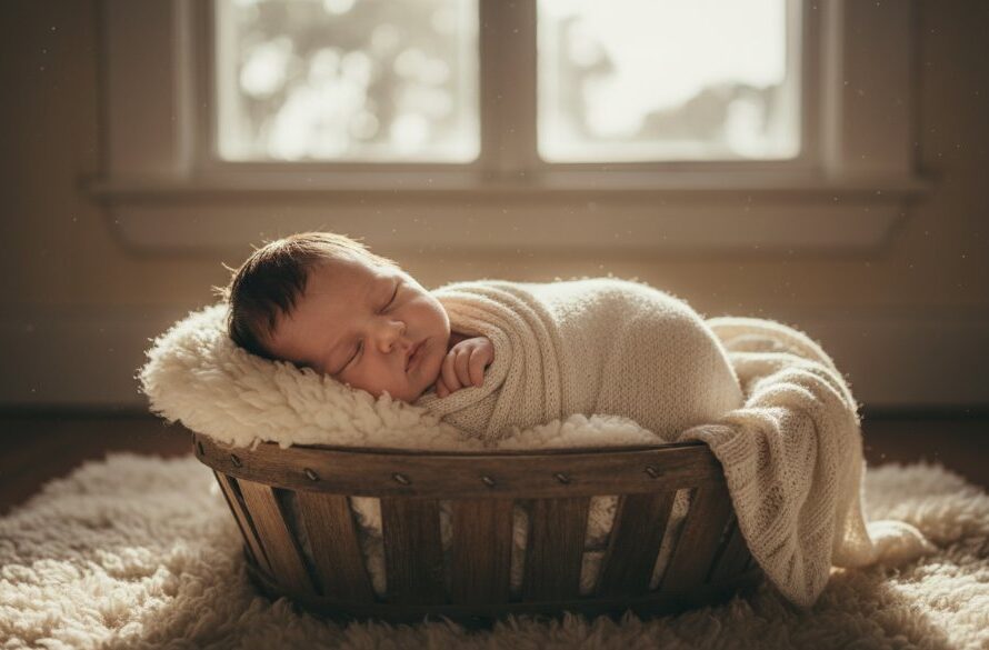 An epic, heartwarming photograph capturing a baby's authentic smile during a Maryborough Victoria baby photography authentic moments session, with soft, golden light filtering through a window, highlighting tiny hands and feet.
