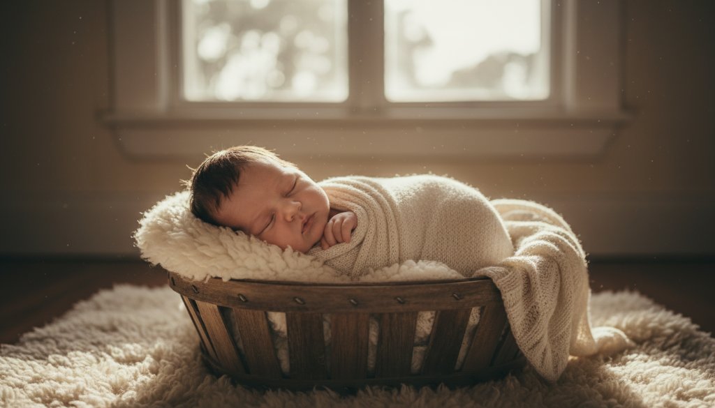 An epic, heartwarming photograph capturing a baby's authentic smile during a Maryborough Victoria baby photography authentic moments session, with soft, golden light filtering through a window, highlighting tiny hands and feet.