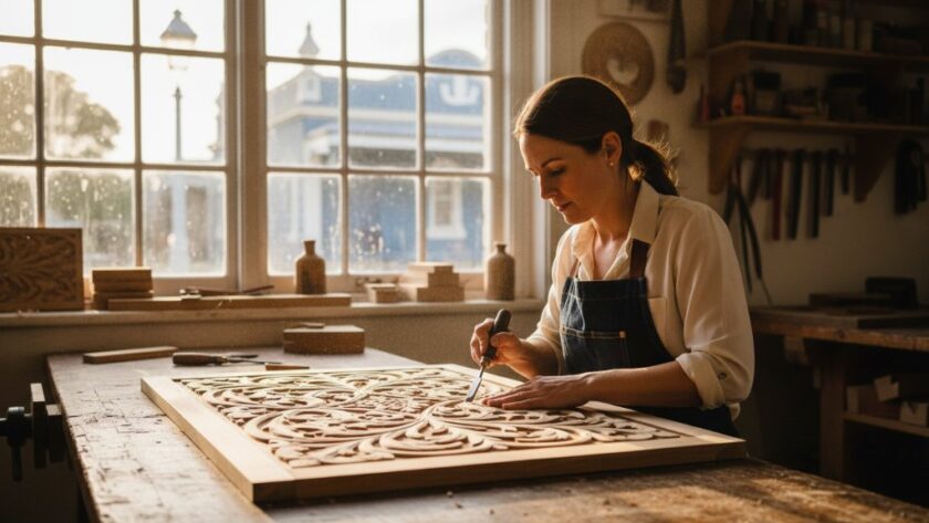 A Maryborough Victoria bespoke brand photography service capture: A passionate artisan intently crafting a unique piece in their sun-drenched, rustic workshop, with dramatic backlighting highlighting their dedicated focus and craftsmanship, conveying authenticity and skill.