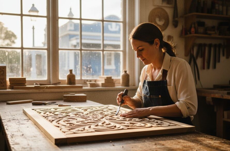 A Maryborough Victoria bespoke brand photography service capture: A passionate artisan intently crafting a unique piece in their sun-drenched, rustic workshop, with dramatic backlighting highlighting their dedicated focus and craftsmanship, conveying authenticity and skill.