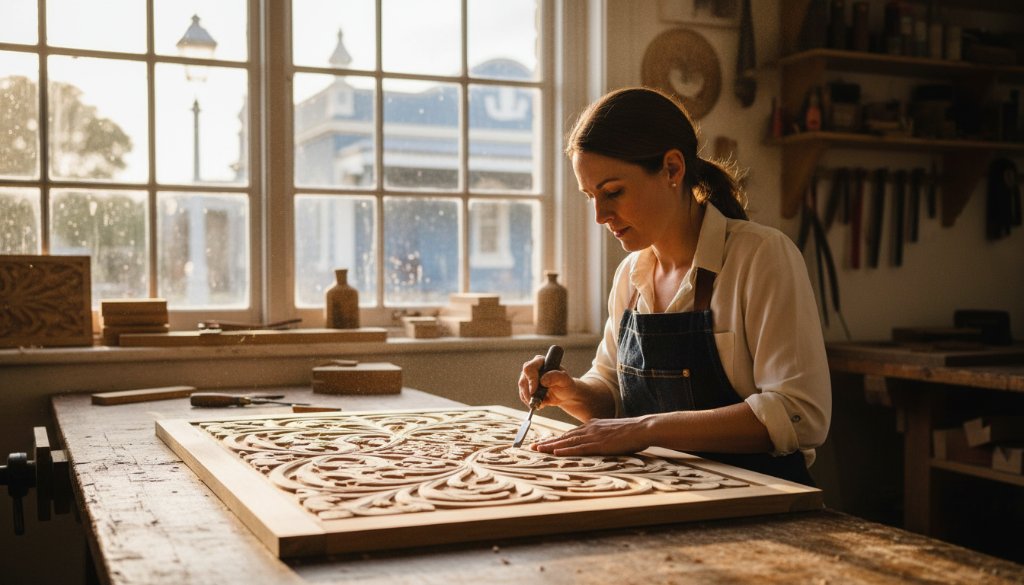 A Maryborough Victoria bespoke brand photography service capture: A passionate artisan intently crafting a unique piece in their sun-drenched, rustic workshop, with dramatic backlighting highlighting their dedicated focus and craftsmanship, conveying authenticity and skill.