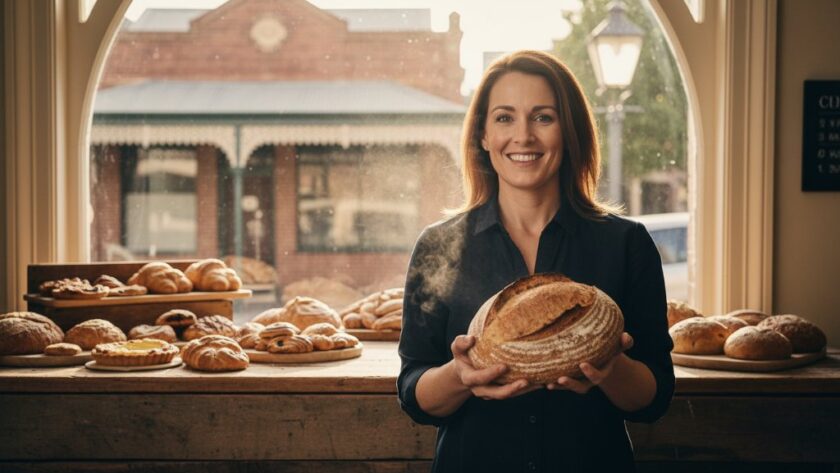 An epic moment captured in Maryborough Victoria commercial photography for local brand impact, showing a vibrant local cafe owner proudly presenting a freshly baked artisan bread loaf, bathed in warm morning light, highlighting the quality and authenticity of their brand.