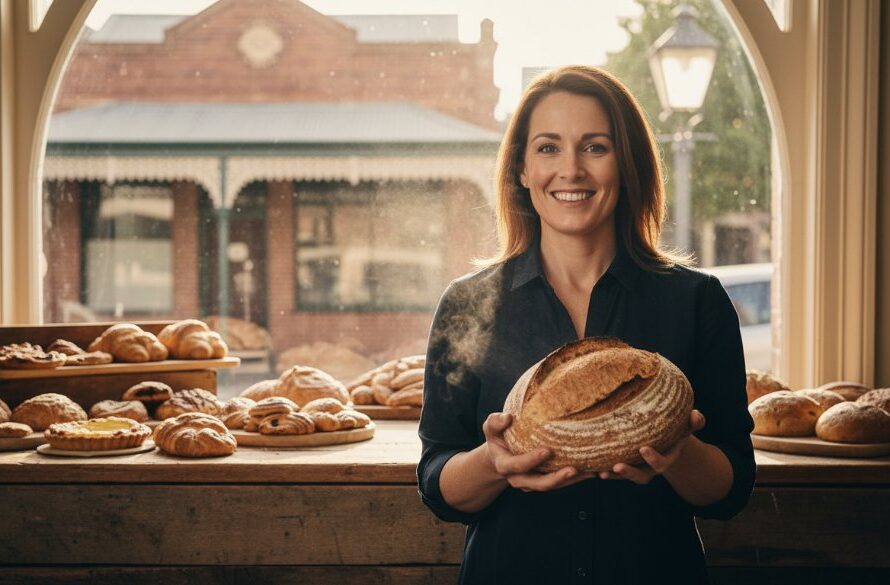 An epic moment captured in Maryborough Victoria commercial photography for local brand impact, showing a vibrant local cafe owner proudly presenting a freshly baked artisan bread loaf, bathed in warm morning light, highlighting the quality and authenticity of their brand.