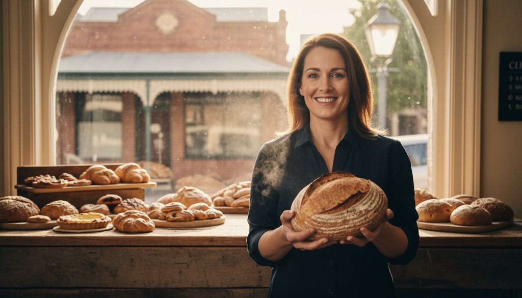 An epic moment captured in Maryborough Victoria commercial photography for local brand impact, showing a vibrant local cafe owner proudly presenting a freshly baked artisan bread loaf, bathed in warm morning light, highlighting the quality and authenticity of their brand.