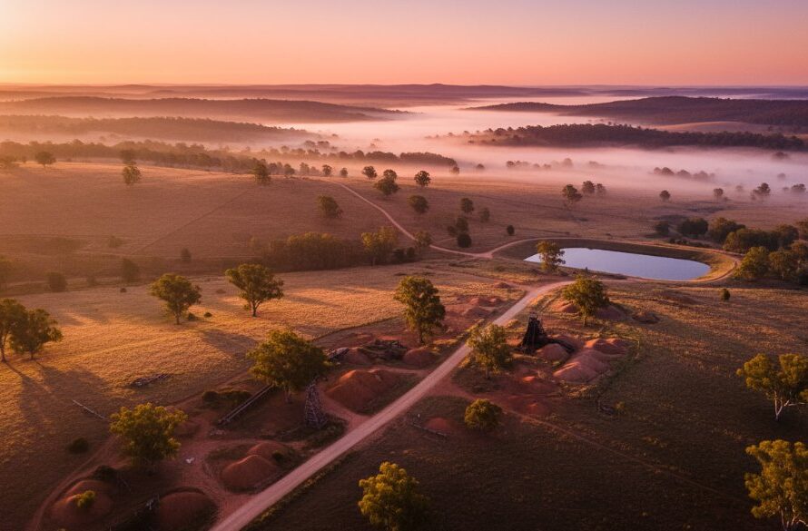An epic moment captured by Maryborough Victoria drone photography breathtaking landscapes, showing a dramatic sunrise over the historic Maryborough Goldfields, with the serene countryside bathed in golden light, from an elevated aerial perspective.