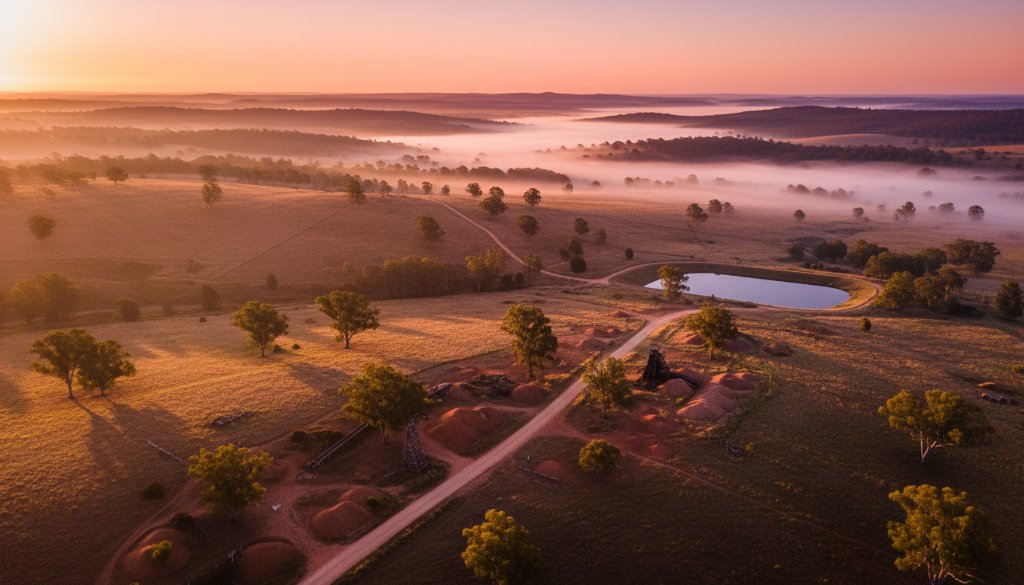 An epic moment captured by Maryborough Victoria drone photography breathtaking landscapes, showing a dramatic sunrise over the historic Maryborough Goldfields, with the serene countryside bathed in golden light, from an elevated aerial perspective.