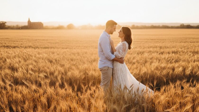 Dramatic golden hour photograph of a couple embracing amidst a sprawling field of golden wheat near Maryborough, Victoria, showcasing a romantic Maryborough Victoria engagement shoot scenic locations moment, with the setting sun casting long shadows and a warm glow, professionally colour-graded.