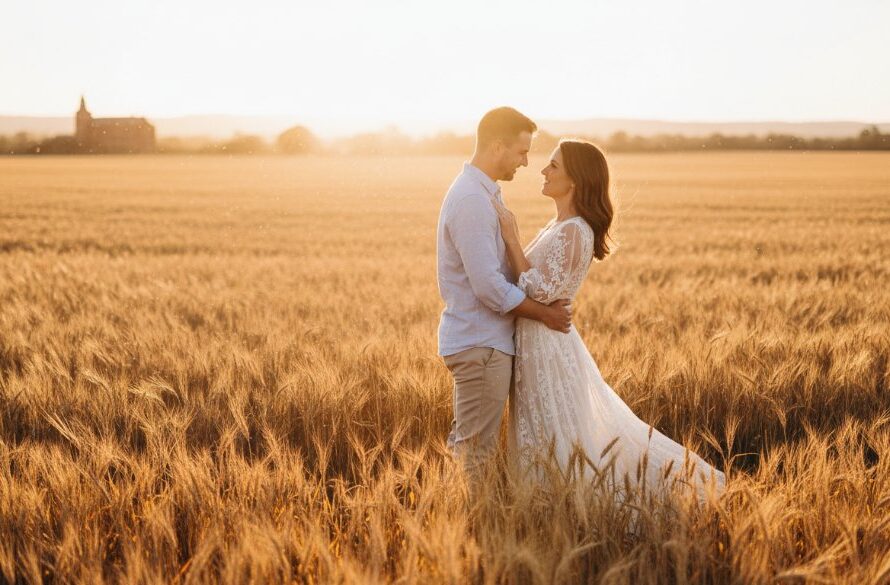 Dramatic golden hour photograph of a couple embracing amidst a sprawling field of golden wheat near Maryborough, Victoria, showcasing a romantic Maryborough Victoria engagement shoot scenic locations moment, with the setting sun casting long shadows and a warm glow, professionally colour-graded.