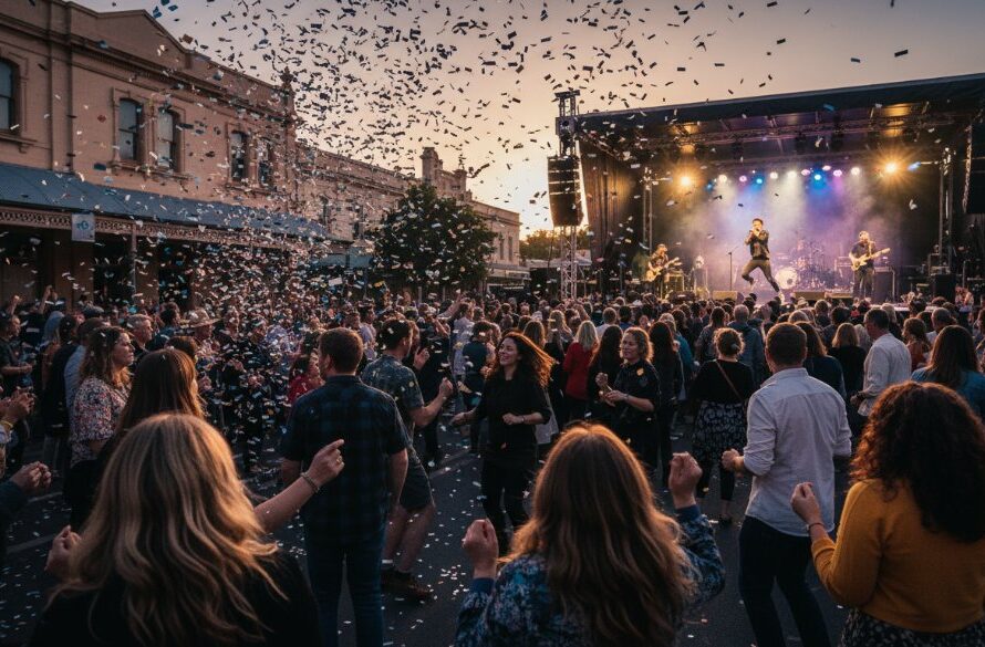 A wide-angle, cinematic shot showcasing Maryborough Victoria event photography capturing genuine moments during a vibrant local festival in Maryborough, Victoria, with a crowd cheering, confetti in the air, and a performer bathed in dramatic stage lighting, capturing a genuine moment of pure joy and energy.