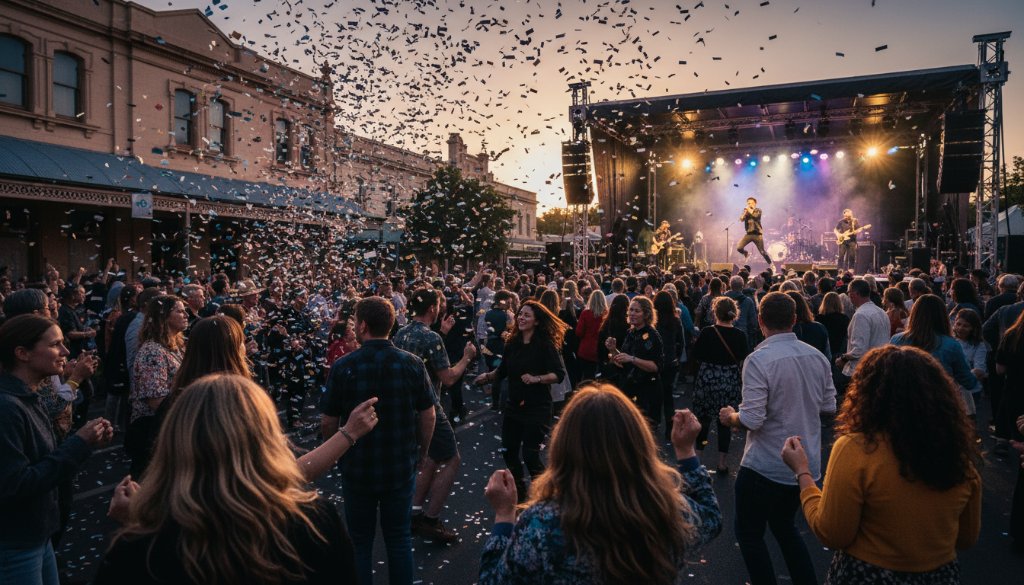 A wide-angle, cinematic shot showcasing Maryborough Victoria event photography capturing genuine moments during a vibrant local festival in Maryborough, Victoria, with a crowd cheering, confetti in the air, and a performer bathed in dramatic stage lighting, capturing a genuine moment of pure joy and energy.