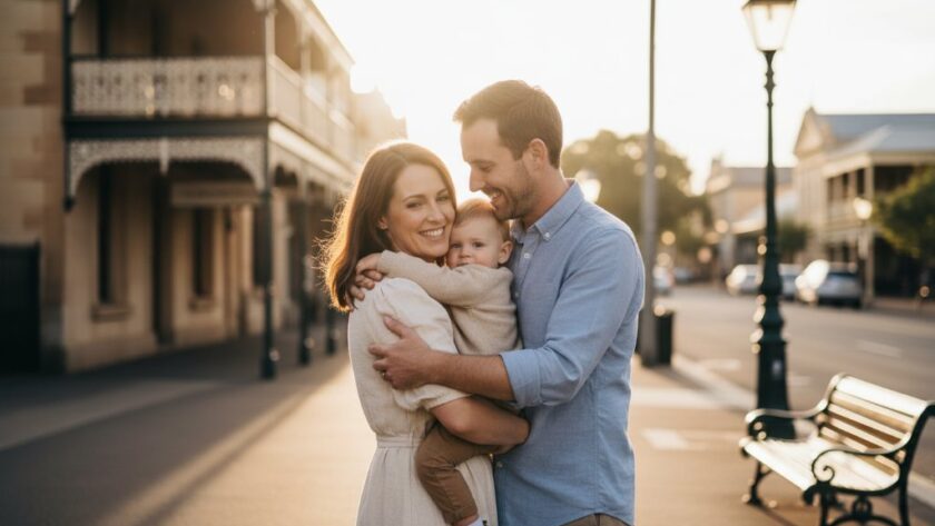 A captivating 'epic moment' fine art portrait capturing the emotional connection of a family amidst the historic charm of Maryborough, Victoria, showcasing the essence of Maryborough Victoria Fine Art Photography Timeless Portraits with dramatic golden hour light.