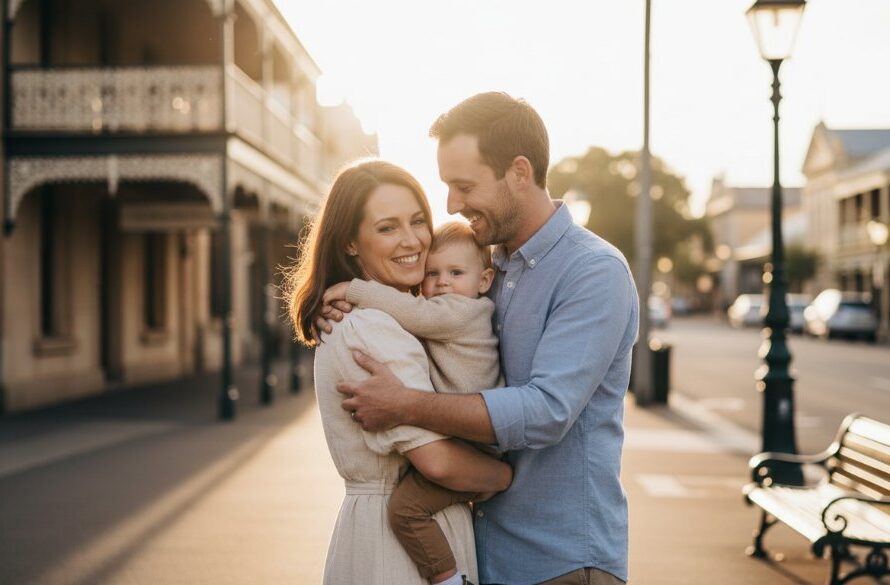 A captivating 'epic moment' fine art portrait capturing the emotional connection of a family amidst the historic charm of Maryborough, Victoria, showcasing the essence of Maryborough Victoria Fine Art Photography Timeless Portraits with dramatic golden hour light.