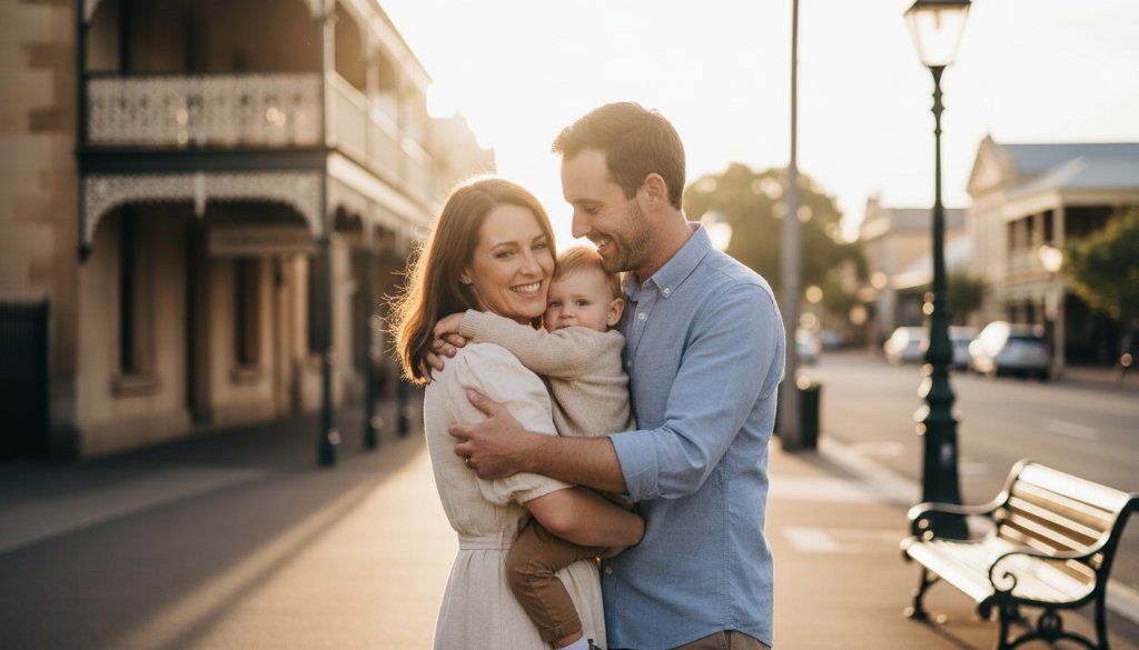A captivating 'epic moment' fine art portrait capturing the emotional connection of a family amidst the historic charm of Maryborough, Victoria, showcasing the essence of Maryborough Victoria Fine Art Photography Timeless Portraits with dramatic golden hour light.