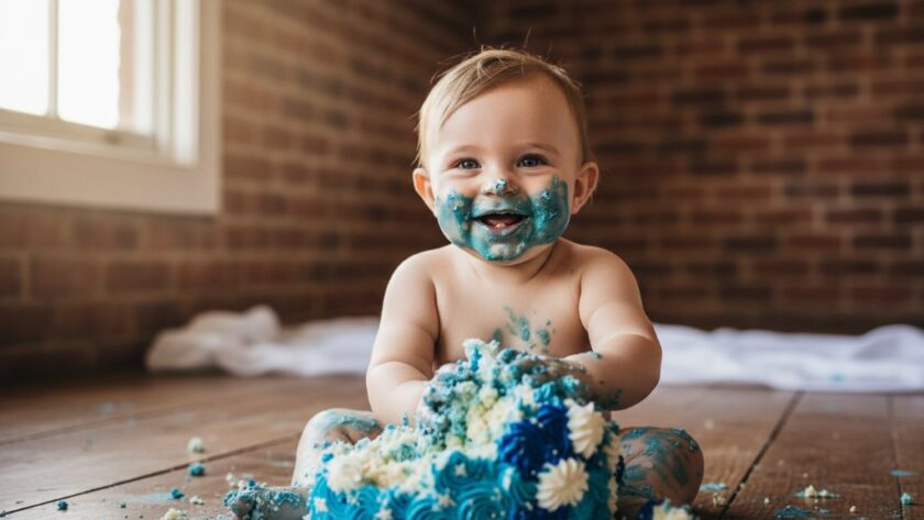 A jubilant baby covered in cake, joyfully smashing a colourful birthday cake with frosting smeared on their face and hands, set against a whimsical backdrop in a Maryborough Victoria first birthday cake smash photography session, captured with dramatic studio lighting for an epic moment.