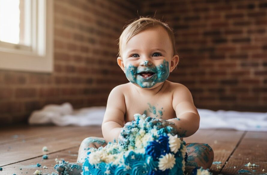 A jubilant baby covered in cake, joyfully smashing a colourful birthday cake with frosting smeared on their face and hands, set against a whimsical backdrop in a Maryborough Victoria first birthday cake smash photography session, captured with dramatic studio lighting for an epic moment.