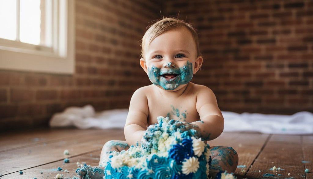 A jubilant baby covered in cake, joyfully smashing a colourful birthday cake with frosting smeared on their face and hands, set against a whimsical backdrop in a Maryborough Victoria first birthday cake smash photography session, captured with dramatic studio lighting for an epic moment.