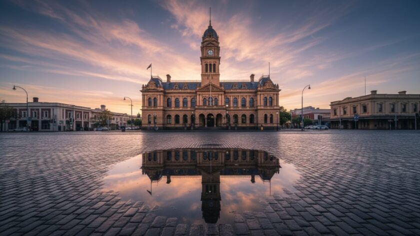 An epic, wide-angle dawn shot of Maryborough Victoria heritage building photography, showcasing the grand, intricate facade of the Maryborough Town Hall bathed in golden hour light, with dramatic clouds overhead and reflections on a wet street after rain, captured with professional colour grading.