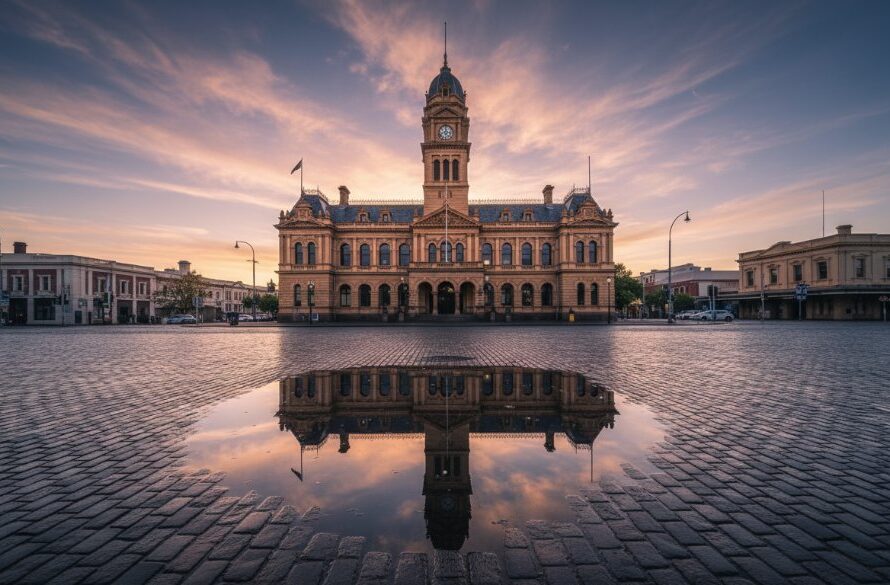 An epic, wide-angle dawn shot of Maryborough Victoria heritage building photography, showcasing the grand, intricate facade of the Maryborough Town Hall bathed in golden hour light, with dramatic clouds overhead and reflections on a wet street after rain, captured with professional colour grading.