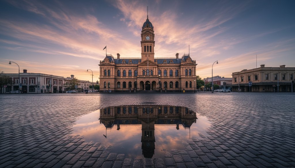 An epic, wide-angle dawn shot of Maryborough Victoria heritage building photography, showcasing the grand, intricate facade of the Maryborough Town Hall bathed in golden hour light, with dramatic clouds overhead and reflections on a wet street after rain, captured with professional colour grading.