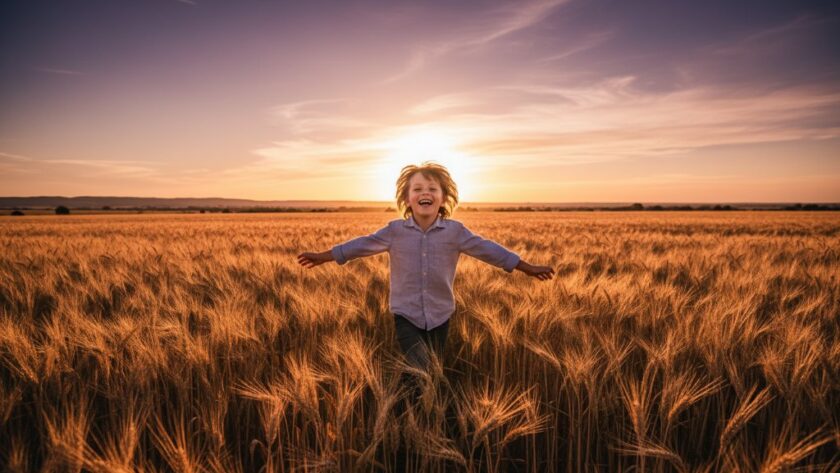 An epic moment captured during a Maryborough Victoria kids photography outdoor adventure, showing a child laughing joyfully while running through golden fields at sunset, with dramatic, warm lighting.