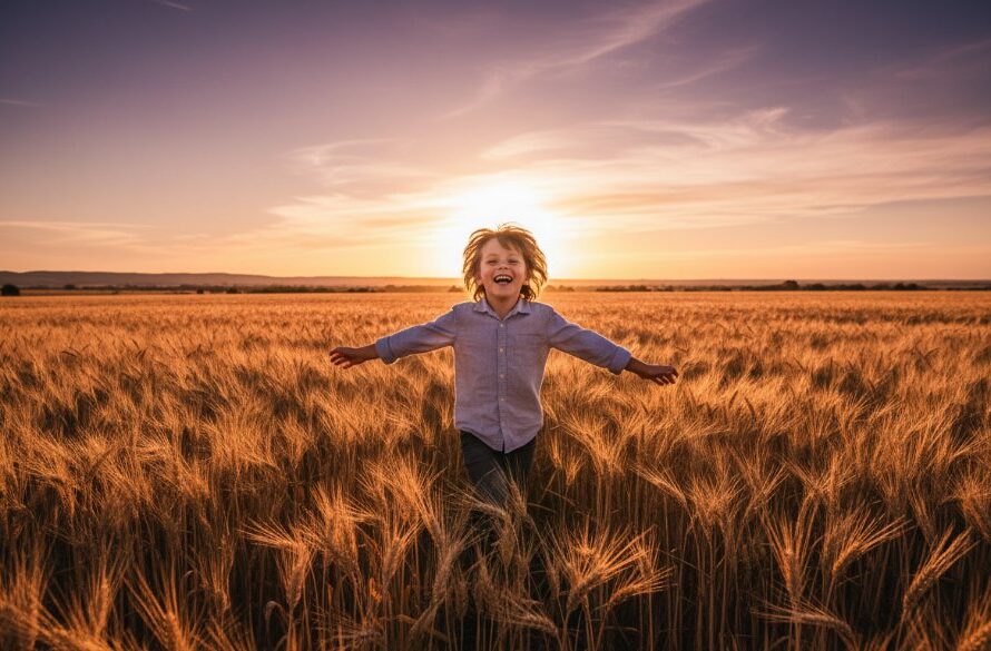 An epic moment captured during a Maryborough Victoria kids photography outdoor adventure, showing a child laughing joyfully while running through golden fields at sunset, with dramatic, warm lighting.