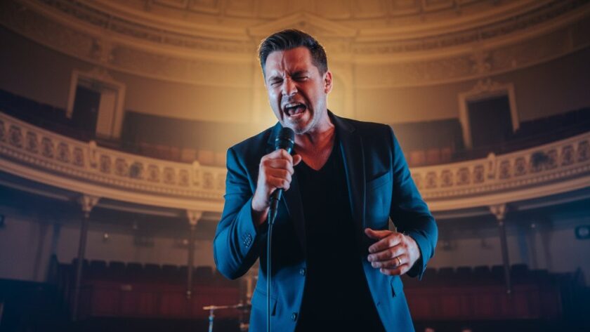 Dynamic Maryborough Victoria live music photography capturing a lead guitarist mid-shred under dramatic stage lights at a Maryborough venue, crowd silhouettes in foreground, evoking an epic concert moment.